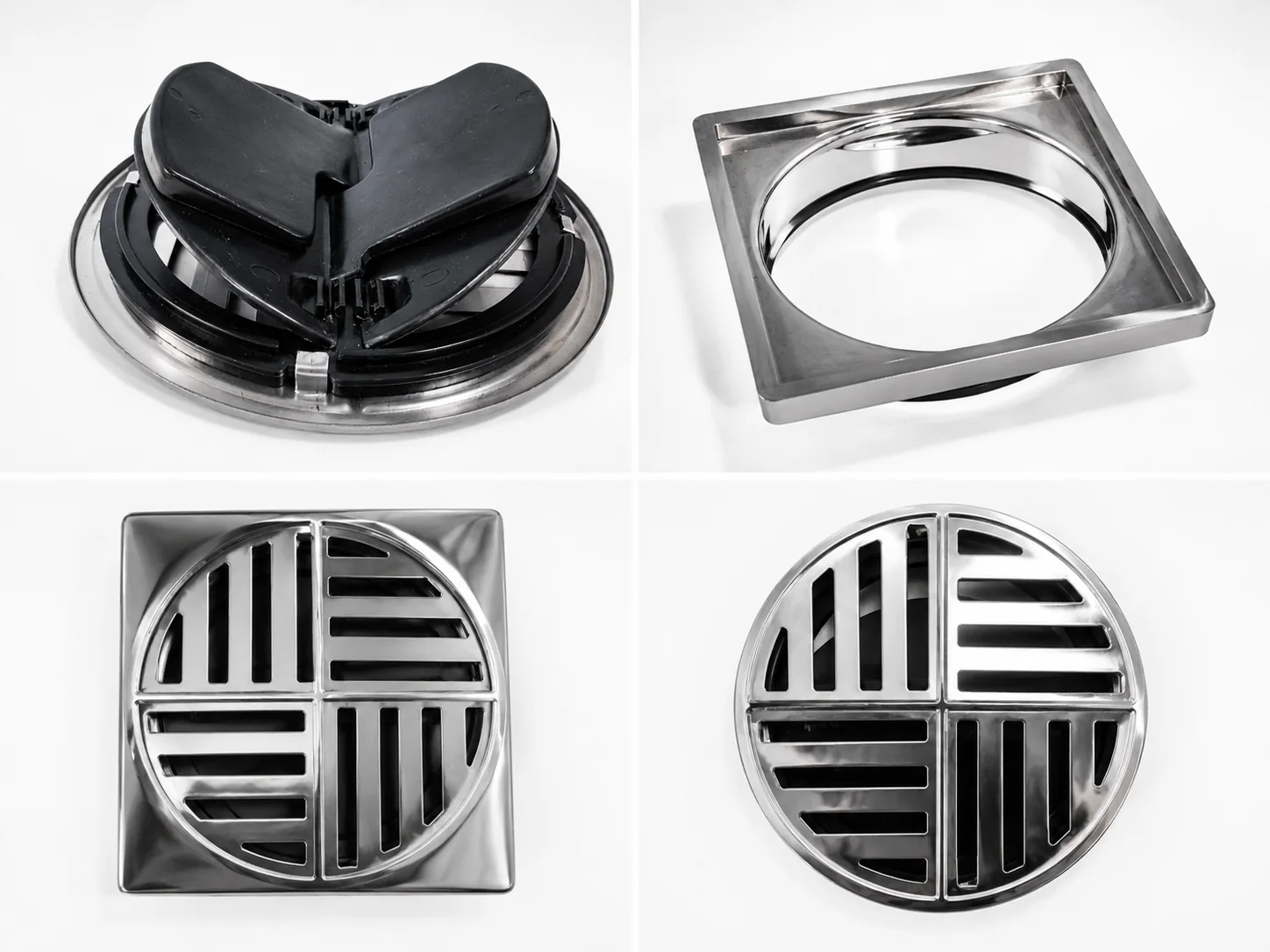 Conjunto de peças do ralo Drena Maxi: grelha, porta grelha e mecanismo de duplo pêndulo